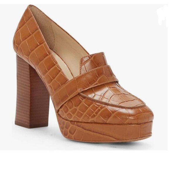 FOWT Brown Crocodile Chunky Heel Leather Loafer Square Toe Platform Pumps - Picture 1 of 7